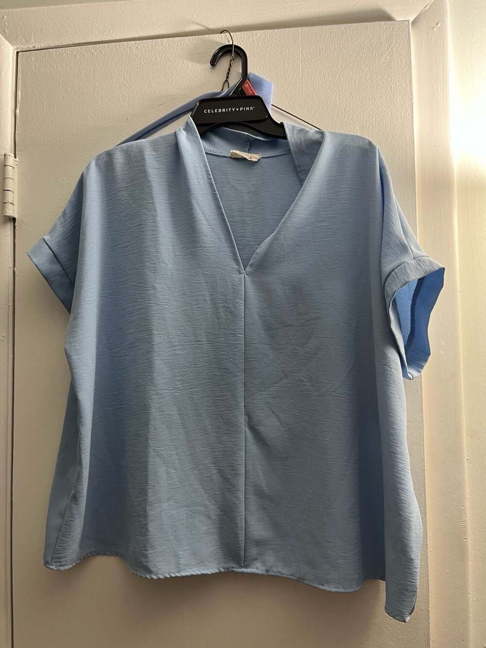 Urban Daizy Light Blue V-Neck Textured Short Sleeve Blouse